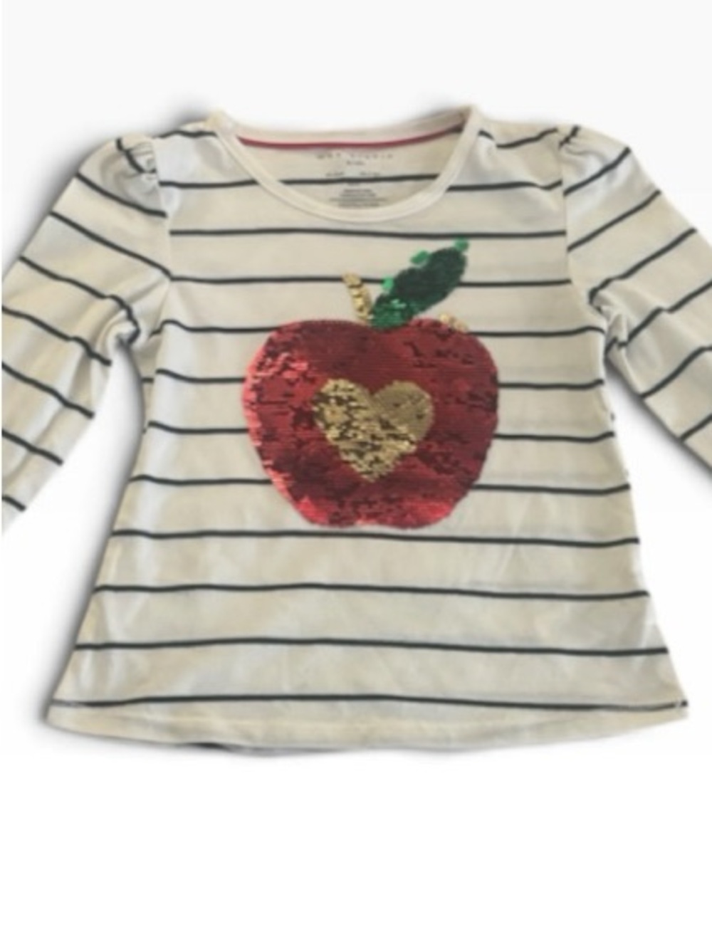 Max Studio Cream Navy Stripe Long-Sleeve Top with Red Sequin Apple